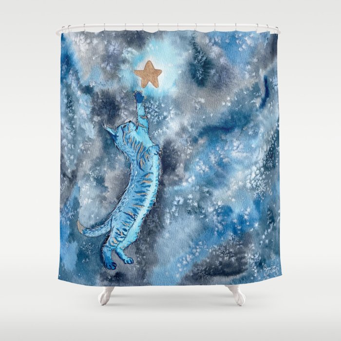 Playing Cat with Star Shower Curtain