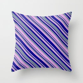[ Thumbnail: Light Slate Gray, Plum, and Dark Blue Colored Lines/Stripes Pattern Throw Pillow ]