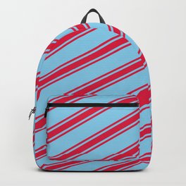 [ Thumbnail: Sky Blue & Crimson Colored Lines/Stripes Pattern Backpack ]