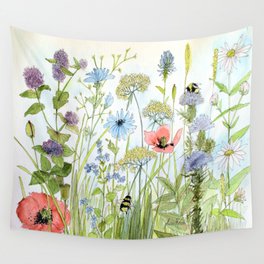 Floral Watercolor Botanical Cottage Garden Flowers Bees Nature Art Wall Tapestry