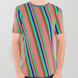 [ Thumbnail: Blue, Green, Sienna & Light Coral Colored Striped/Lined Pattern All Over Graphic Tee ]