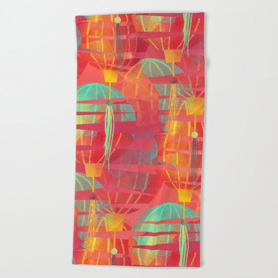 Watercolor Paper Lanterns on Pink Beach Towel