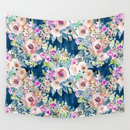 NAVY SO LUSCIOUS Colorful Watercolor Floral Wall Tapestry