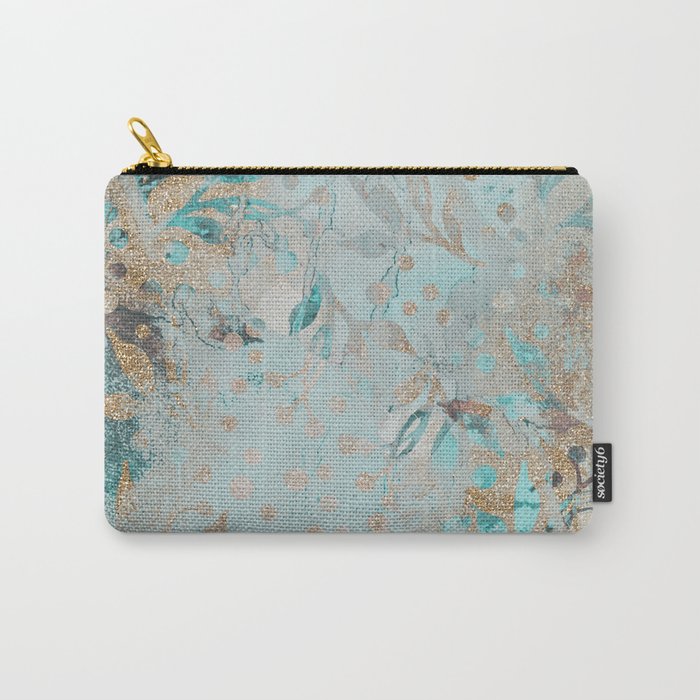 Pastel Botanical Watercolor Pattern Teal Gold Glitter Carry-All Pouch