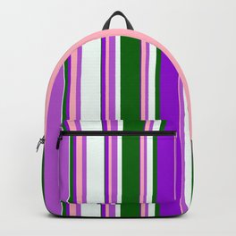 [ Thumbnail: Eyecatching Orchid, Light Pink, Dark Violet, Dark Green & Mint Cream Colored Lines/Stripes Pattern Backpack ]