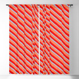 [ Thumbnail: Coral, Red & Light Sky Blue Colored Stripes/Lines Pattern Blackout Curtain ]