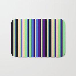 [ Thumbnail: Eye-catching Indigo, Royal Blue, Light Green, Tan & Black Colored Stripes Pattern Bath Mat ]