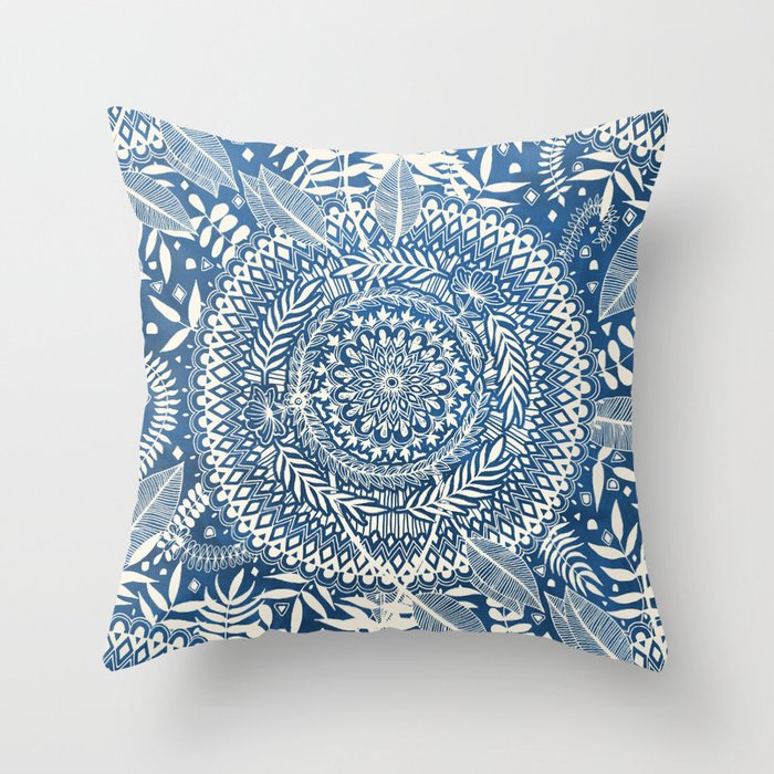 Diamond and Doodle Mandala On Blue Throw Pillow