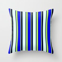 [ Thumbnail: Blue, Light Green, Light Cyan & Black Colored Striped/Lined Pattern Throw Pillow ]