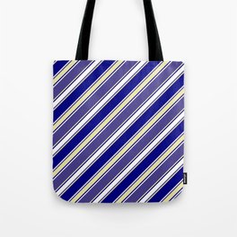 [ Thumbnail: Dark Slate Blue, Pale Goldenrod, Blue & White Colored Lines Pattern Tote Bag ]