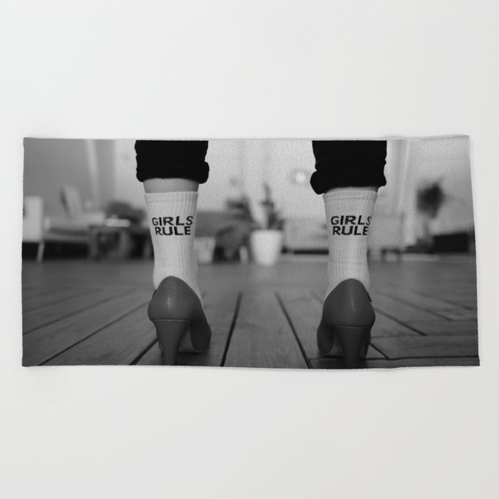 Girls rule boby socks and red high heels female portrait black and white photograph - photography- photographs Beach Towel