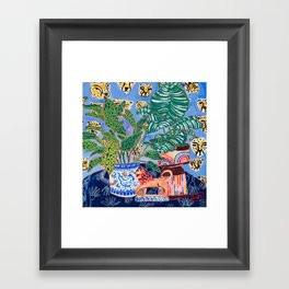 Cheetah and Lion House Plant Still Life Painting with Rainbow Framed Art Print