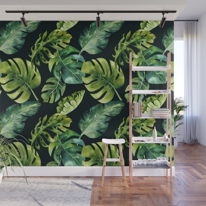 Watercolor Botanical Green Monstera Lush Tropical Palm Leaves Pattern on Solid Black Wall Mural