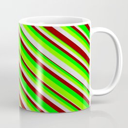 [ Thumbnail: Lime, Chartreuse, Light Grey & Dark Red Colored Stripes/Lines Pattern Coffee Mug ]