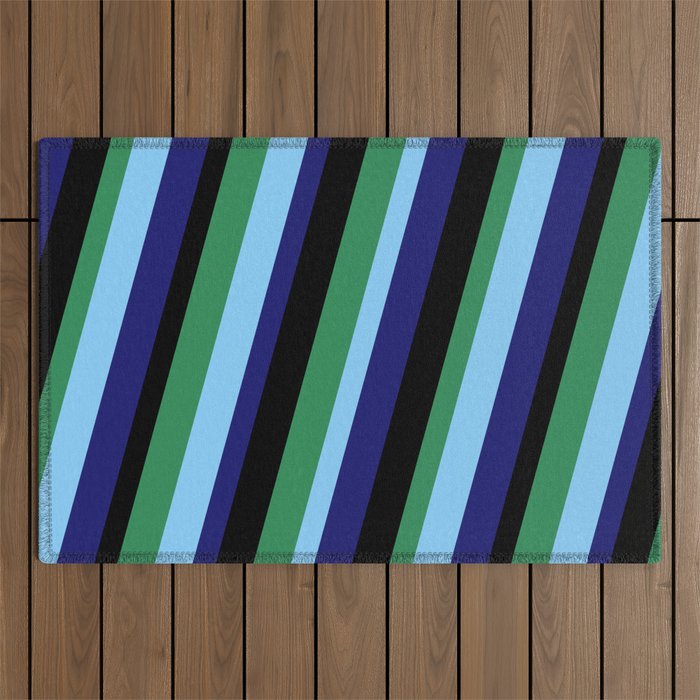 Midnight Blue, Black, Sea Green & Light Sky Blue Colored Stripes Pattern Outdoor Rug