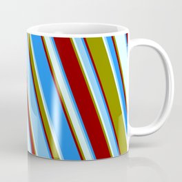 [ Thumbnail: Vibrant Blue, Light Sky Blue, Light Cyan, Green & Dark Red Colored Lined/Striped Pattern Coffee Mug ]