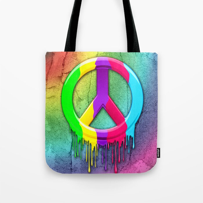 Peace Symbol Dripping Rainbow Paint Tote Bag