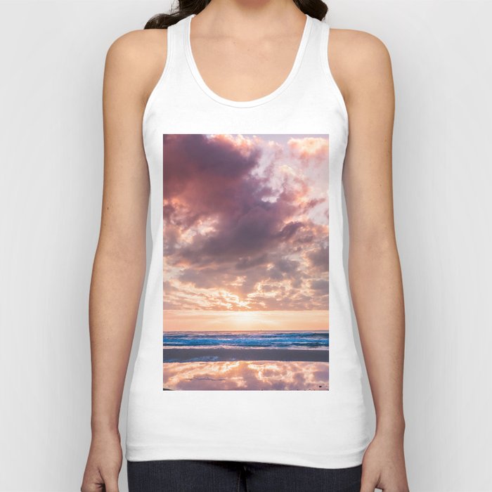 Pink dramatic sky reflection at sunrise on the beach in Spain Tank Top