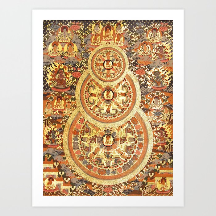 Triple Buddha Copper Mandala Art Print