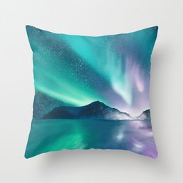 Aurora boralis - polar lights - illustration of admiration of the wonderful landscape with mountains, sky and sea. Throw Pillow