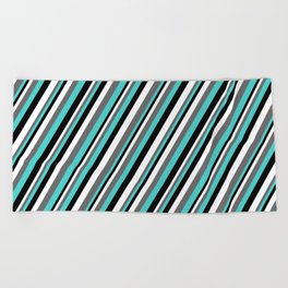 [ Thumbnail: White, Dim Gray, Turquoise, and Black Colored Lined Pattern Beach Towel ]