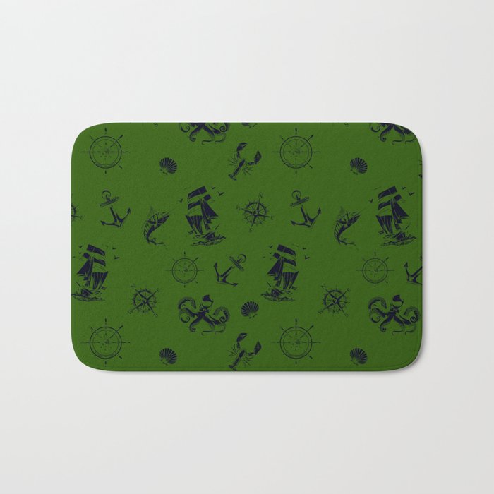 Green And Blue Silhouettes Of Vintage Nautical Pattern Bath Mat