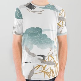Japanese Crane Oriental Watercolor Pattern All Over Graphic Tee