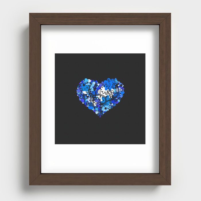 Blue hearts and flowers in the heart with black background Recessed Framed Print