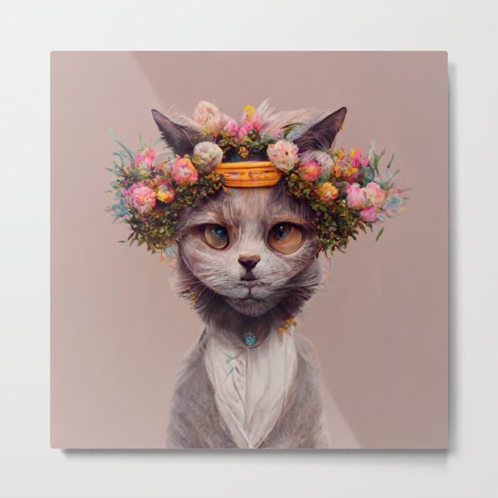 Cat with Flower Crown Portrait Metal Print