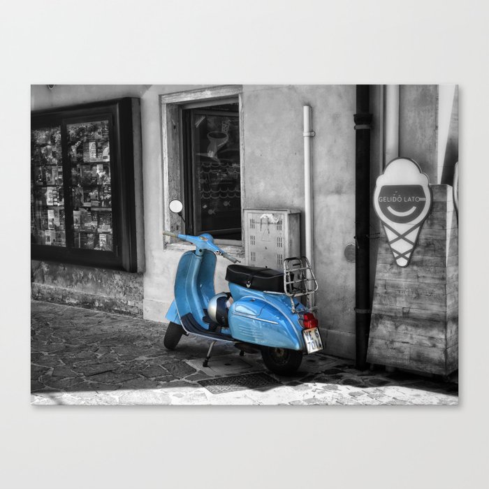 Blue Vespa In Venice Black And White Color Splash Photography Canvas Blue Vespa In Venice Black And White Color Splash Photography Canvas Print