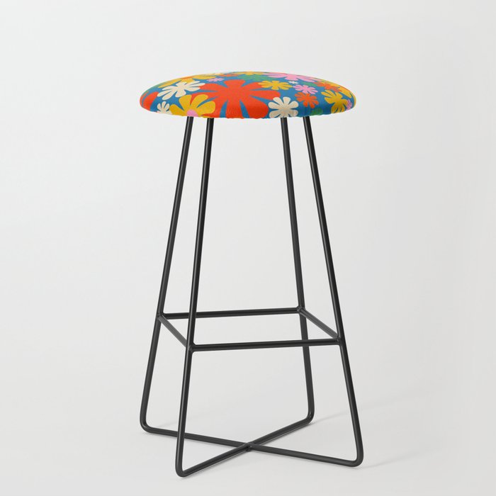 Colorful Flowers Retro 60s Aesthetic Floral Pattern on Blue Bar Stool