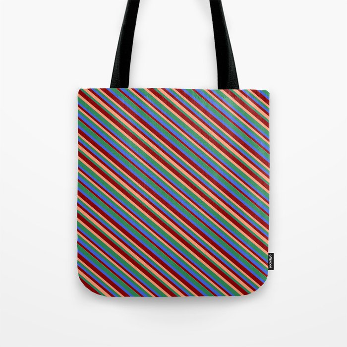 Dark Red, Light Salmon, Sea Green & Royal Blue Colored Lined Pattern Tote Bag