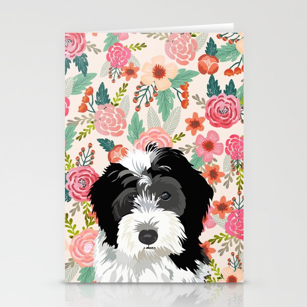 Bernedoodle floral pet portrait art print and dog gifts Stationery Cards