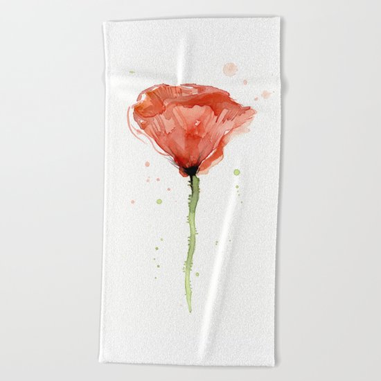 Poppy Watercolor Abstract Red Flower Beach Towel