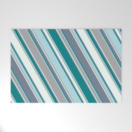[ Thumbnail: Slate Gray, Teal, Powder Blue, Dark Grey, and Mint Cream Colored Lines/Stripes Pattern Welcome Mat ]