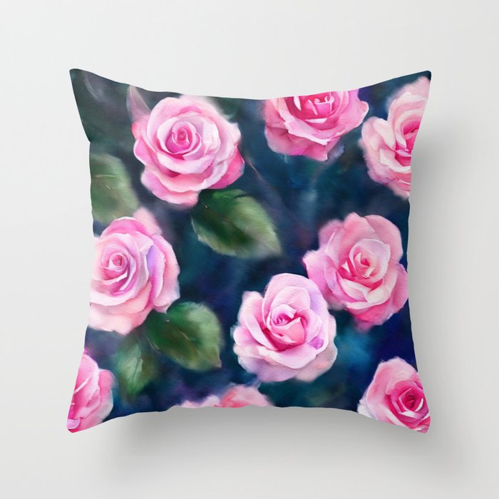 Beautiful Watercolor Popular Pink Roses Art Collection Throw Pillow