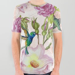 Vintage Roses and Hummingbird Pattern All Over Graphic Tee