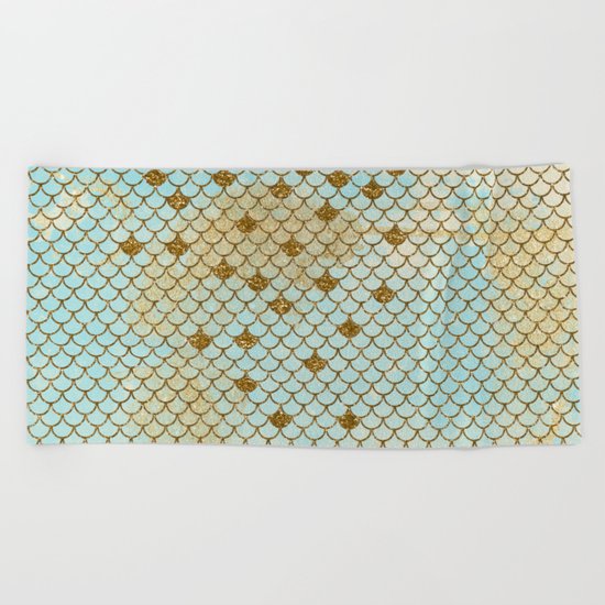 Mermaid Scales- Mermaidscales Gold and Aqua Fish Scales Beach Towel