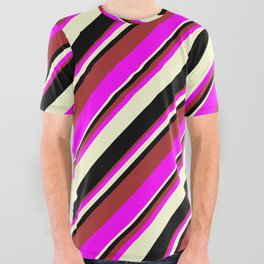 [ Thumbnail: Brown, Fuchsia, Light Yellow, and Black Colored Lines Pattern All Over Graphic Tee ]