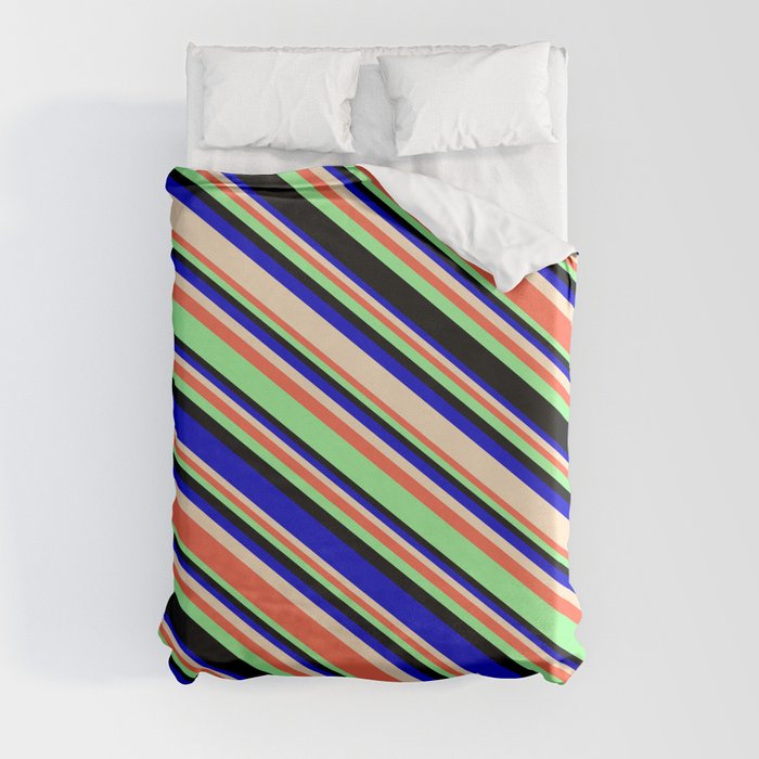Eye-catching Blue, Bisque, Red, Green, and Black Colored Lines/Stripes Pattern Duvet Cover