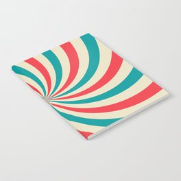 Retro background with curved, rays or stripes in the center. Rotating, spiral stripes. Sunburst or sun burst retro background. Turquoise and red colors. Vintage illustration Notebook