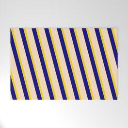 [ Thumbnail: Yellow, Blue, and Bisque Colored Stripes Pattern Welcome Mat ]