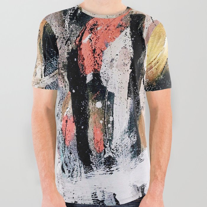 Lightning Soul: a vibrant colorful abstract acrylic, ink, and spray paint in gold, black, pink All Over Graphic Tee