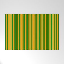 [ Thumbnail: Orange and Green Colored Stripes Pattern Welcome Mat ]