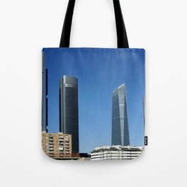 Spain Photography - Cuatro Torres Business Area Under The Clear Blue Sky Tote Bag