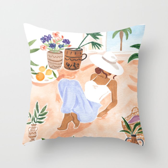 Woman Sitting by the Window Art Print - Sabina Fenn Illustration - Feminine Gouache Tropical Portrai Throw Pillow