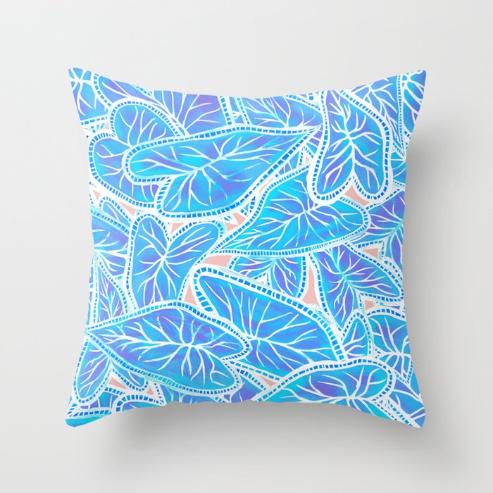 Tropical Caladium Leaves Pattern - Blue Throw Pillow