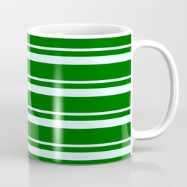 [ Thumbnail: Light Cyan and Dark Green Colored Lined/Striped Pattern Coffee Mug ]