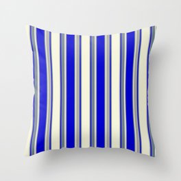 [ Thumbnail: Beige, Dark Grey, Blue, and Slate Gray Colored Pattern of Stripes Throw Pillow ]