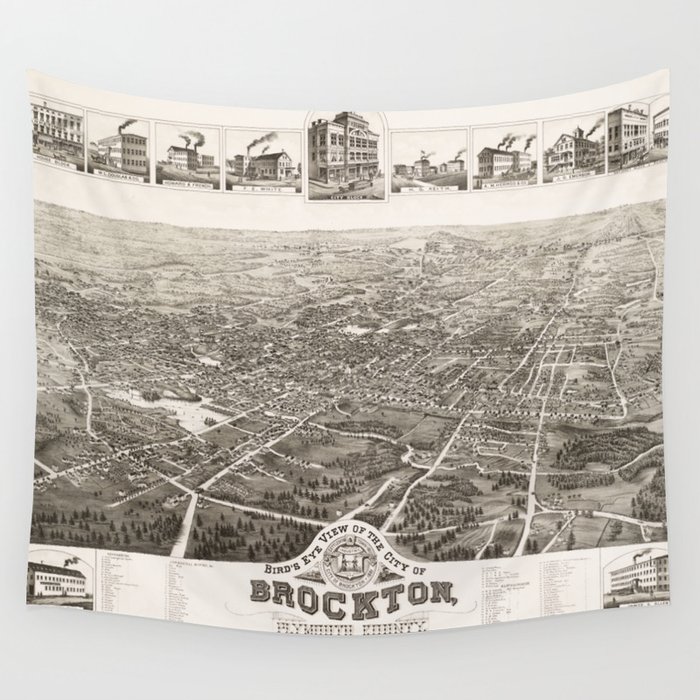Vintage Pictorial Map of Brockton MA (1882) Wall Tapestry by